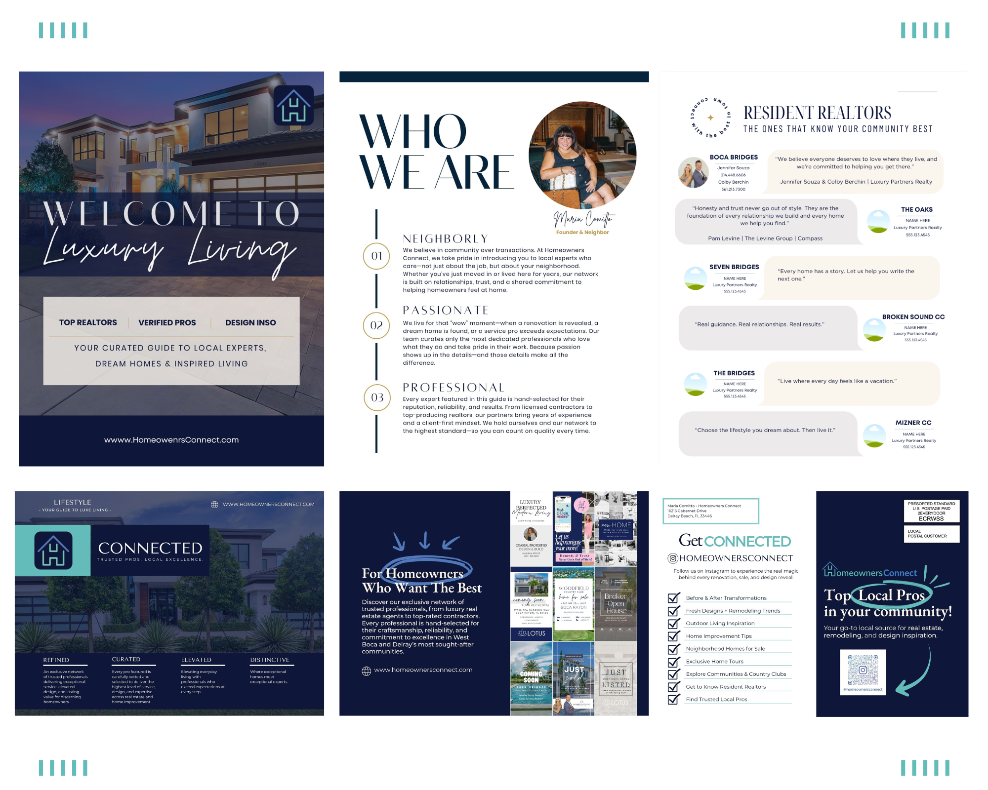 Homeowners Connect community mailers showcasing luxury living guides, resident realtors, and curated home expert content for South Florida neighborhoods.